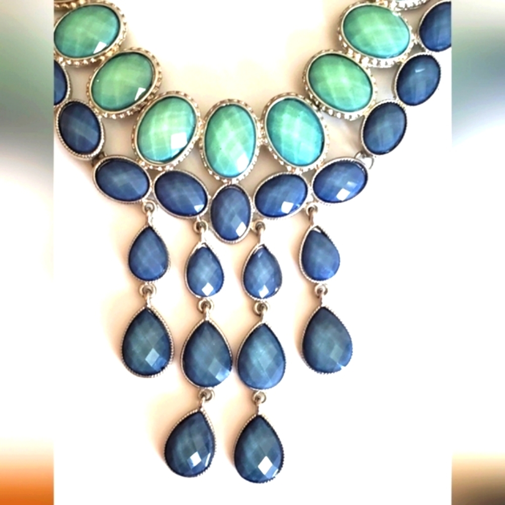 Blue Green Statement Necklace With Silver Toned Chain EUC